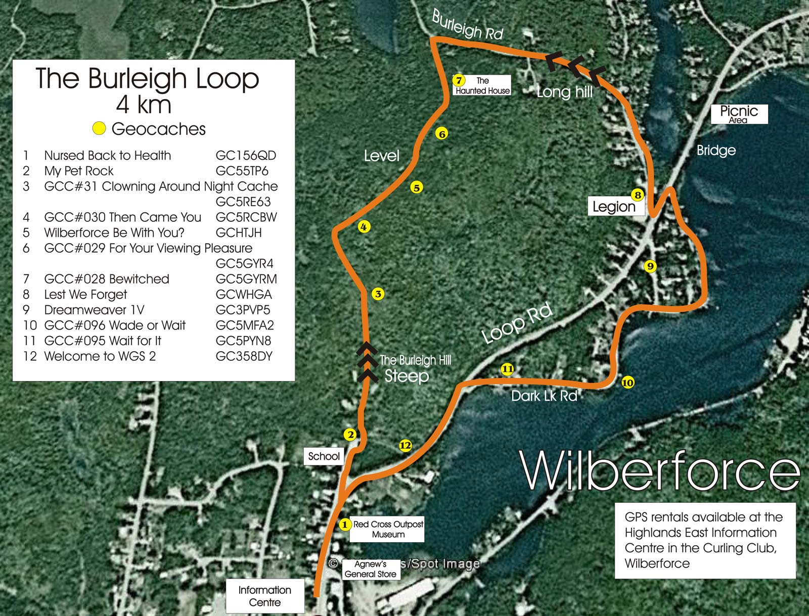 Satellite map of the area showing the Burleigh Loop trail north of Wilberforce