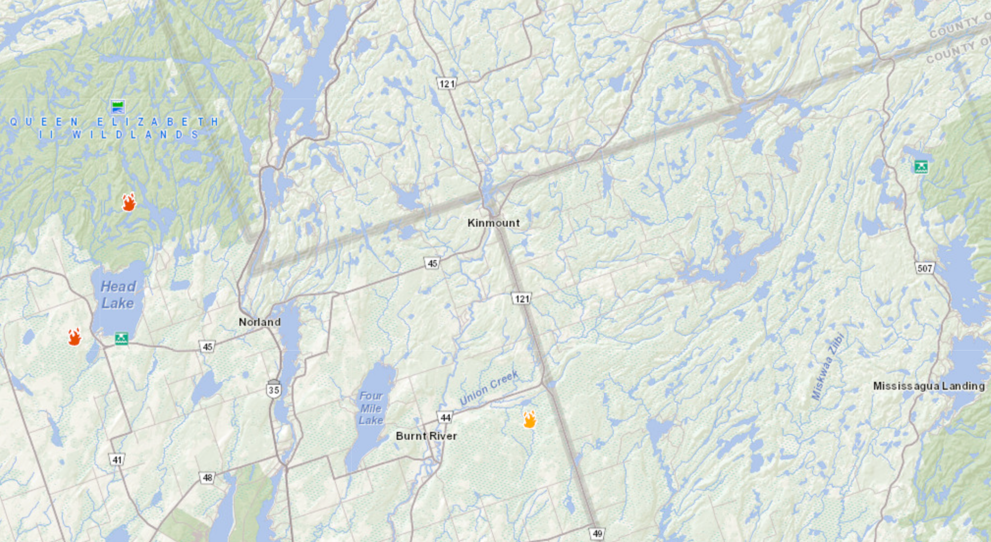 Fire map showing active fires near Highlands East as of August 10, 2025