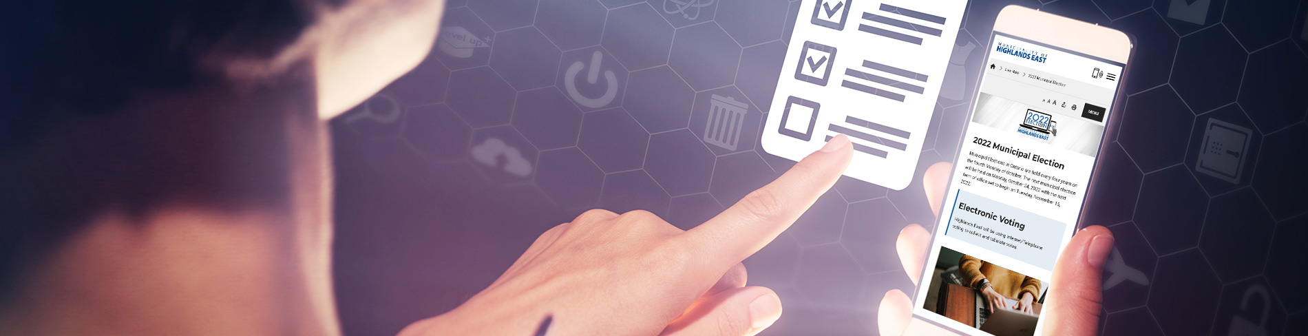 A person holding a phone with election information on it on a technology themed background with a floating voting window.