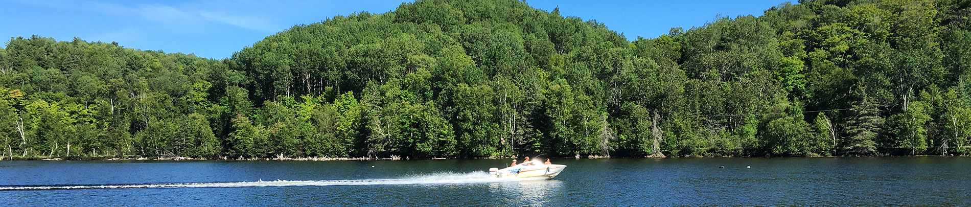 A speed boat travels down a lake.