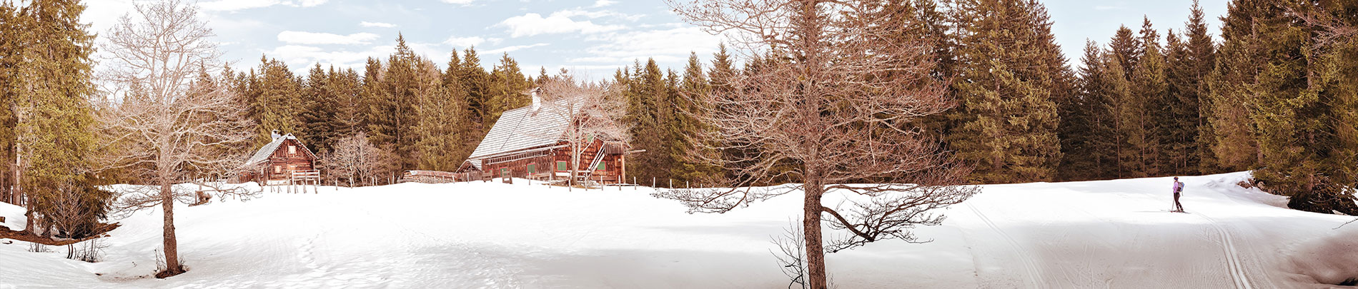 A cross country skier approaches a cabin in the woods.