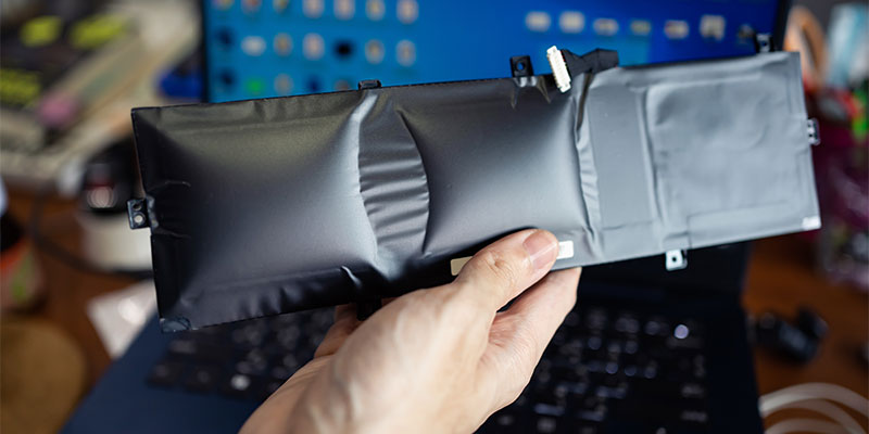 A swollen lithium-ion battery being held up in front of a laptop.