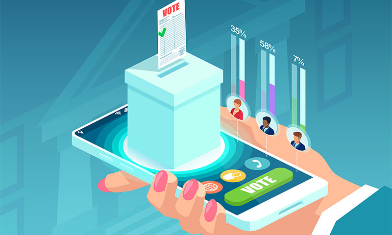 Illustration of hand holding a phot with vote buttons and election results