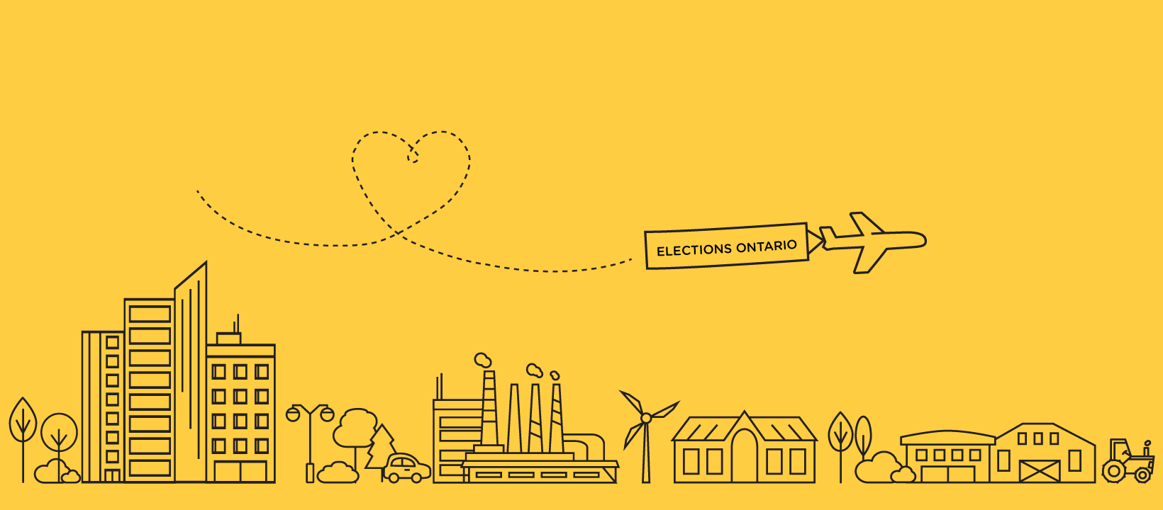 Illustration shows a plane towing an Elections Ontario banner over a city skyline.