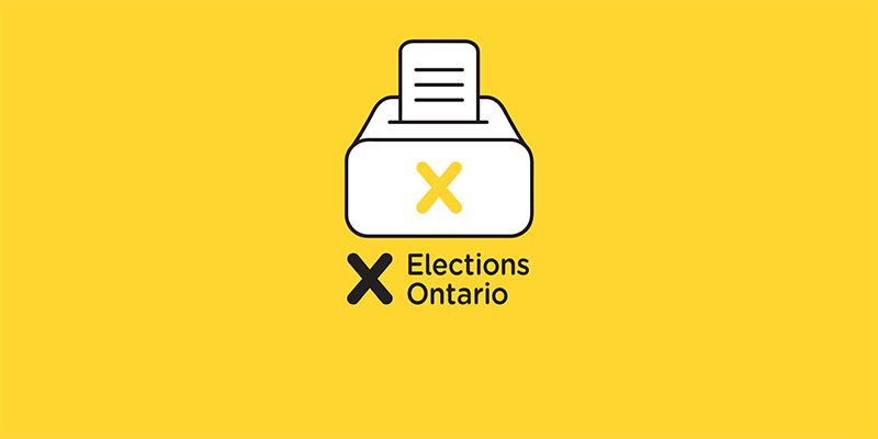 Illustration shows a plane towing an Elections Ontario banner over a city skyline.
