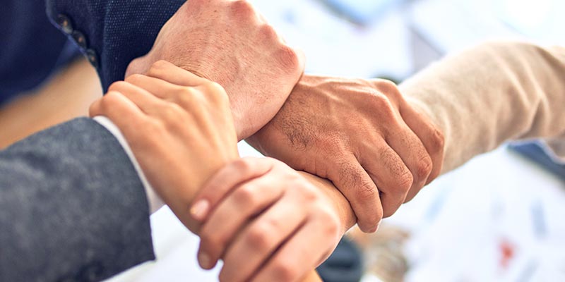 Four different people's hands grasping each other over a meeting table.