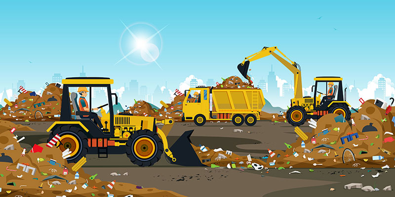 Illustration of equipment working at a landfill site on a sunny day