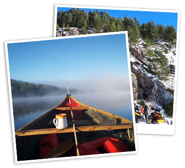 Canoe on a misty lake. Snowmobiles in front of a cliff.