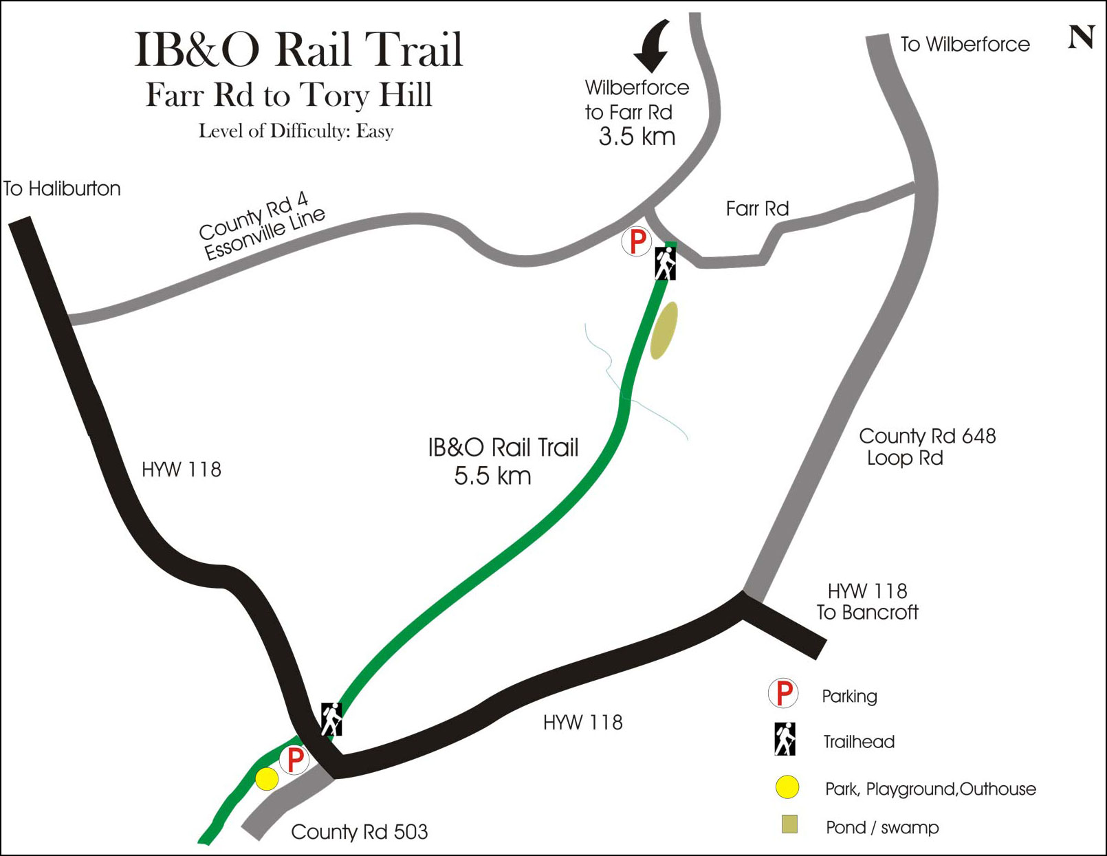 Map showing the walking trail for the IB and O Rail Trail from Farr Road to Tory Hill